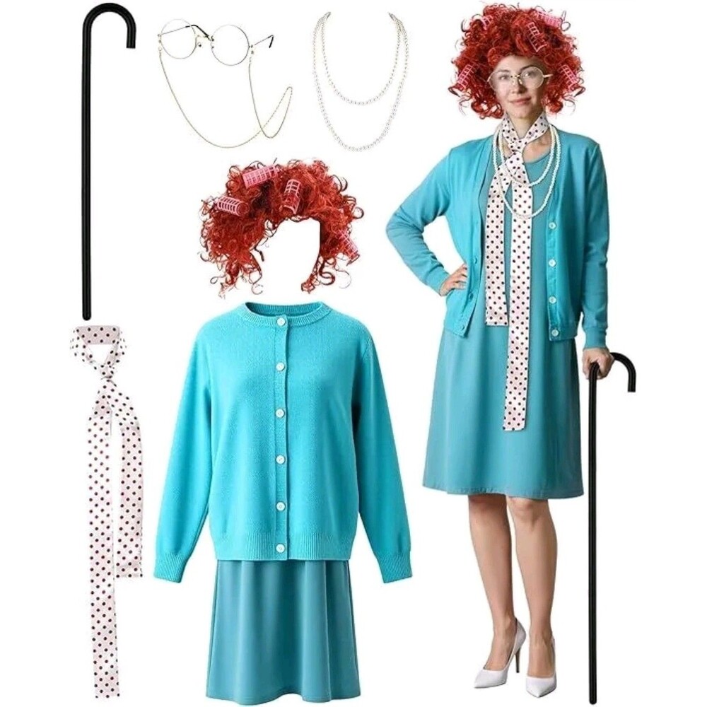 7 Pcs Halloween Old Lady Costume for Women Adult Grandma Costume Size Medium - Picture 3 of 6